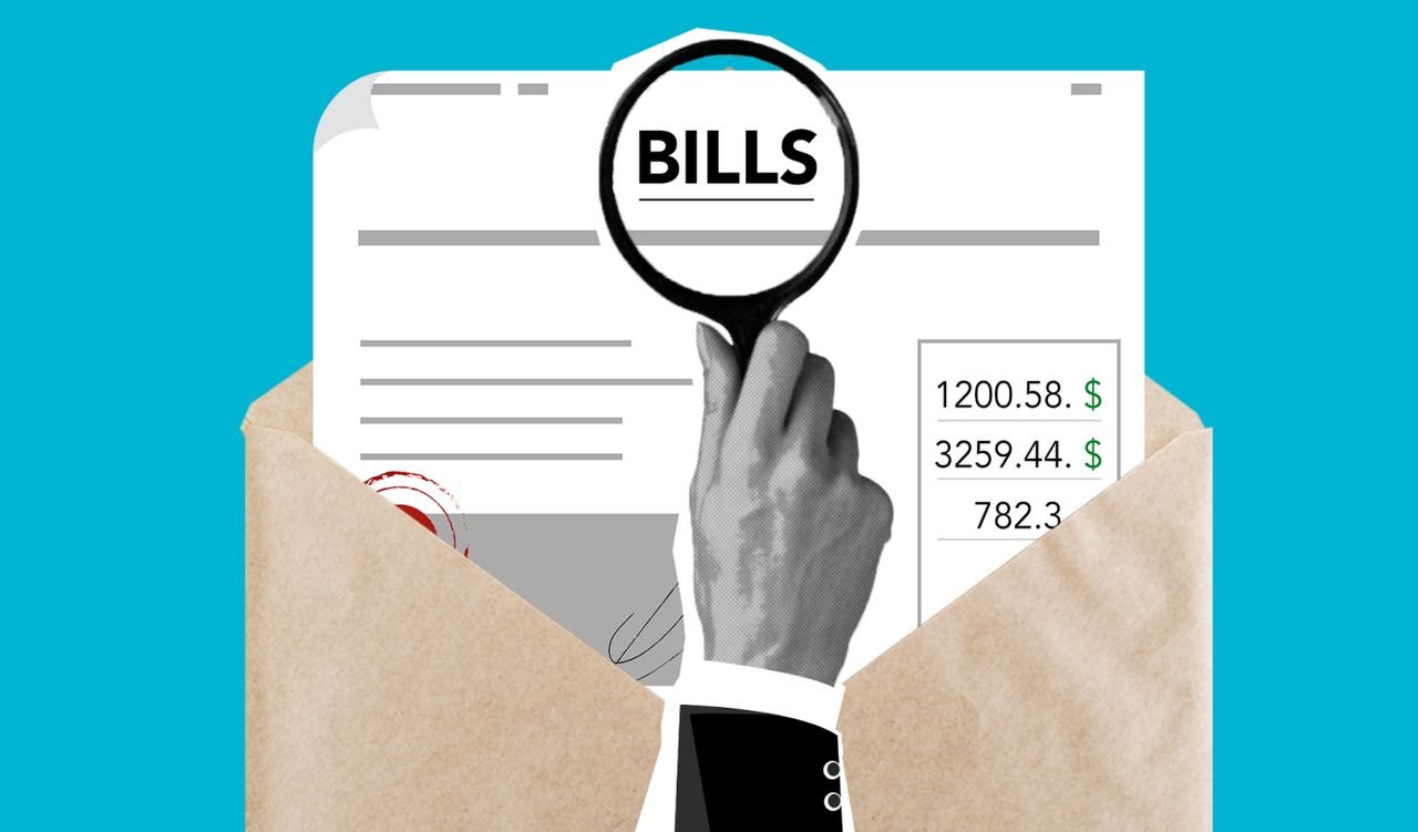 Man examining a bill with a magnifying glass, reviewing a debt claim as part of debt remediation